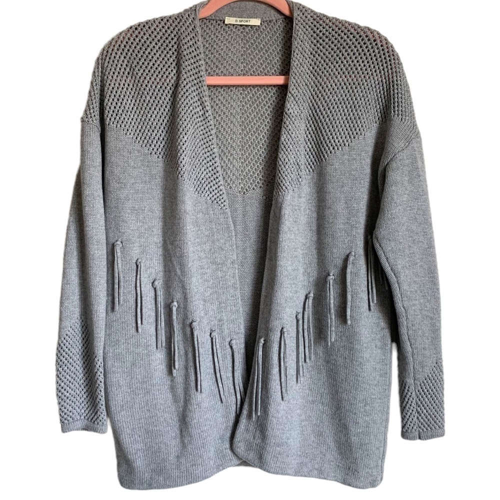 D Sport Gray Cashmere Blend Perforated Tight Knit Open Front Tassel Cardigan